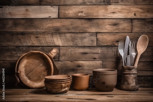 rustic kitchen table decorated with cookware Generative AI