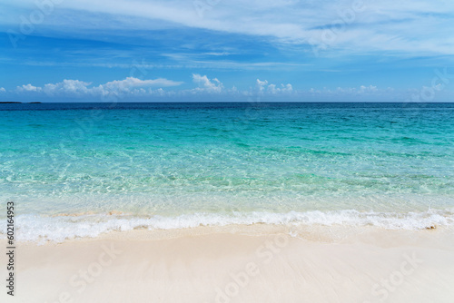 Tropical beach with white sand and blue water in Paradise Island, Bahamas