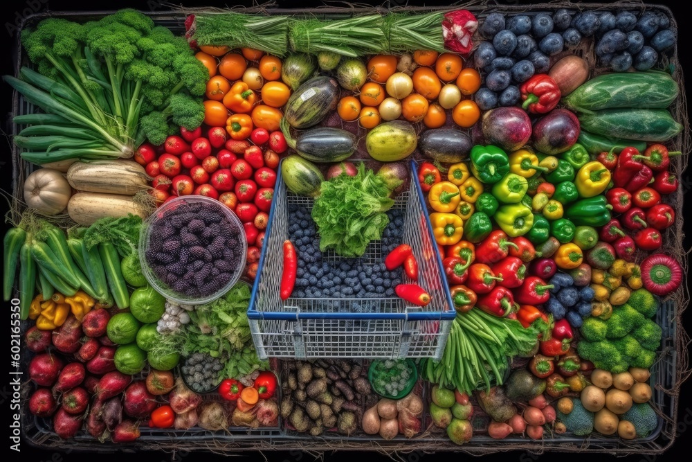 colorful still life painting featuring an array of fresh fruits and vegetables Generative AI