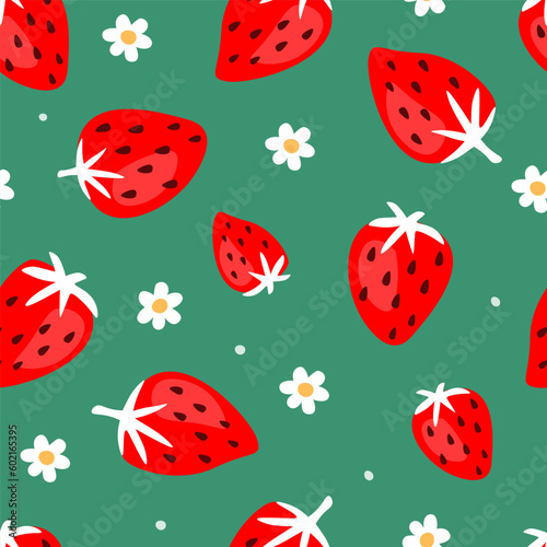 Seamless pattern with abstract strawberries and flowers. Summer natural berry print. Vector graphics.