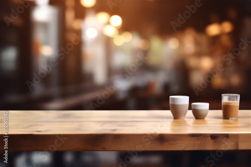 Wooden table top with blurred coffee shop or  cafe restaurant  background. AI generated content