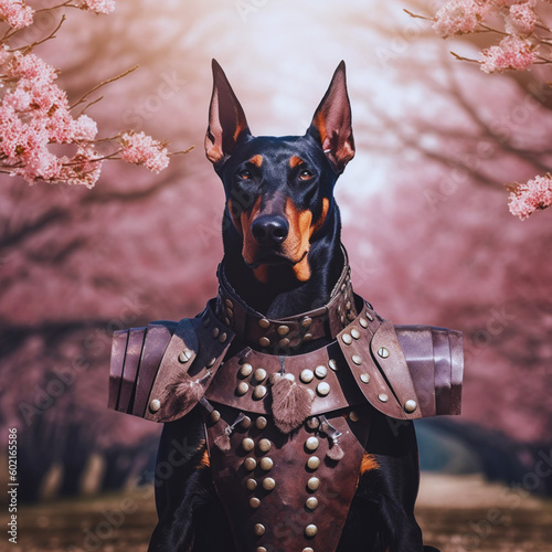 Embracing the Bushido: 4K Image of a Doberman Pinscher Adorned in Samurai Armor