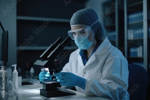 Female laboratory assistant looks into the microscope. He is wearing protective gloves, goggles and a protective mask. Ai generative.