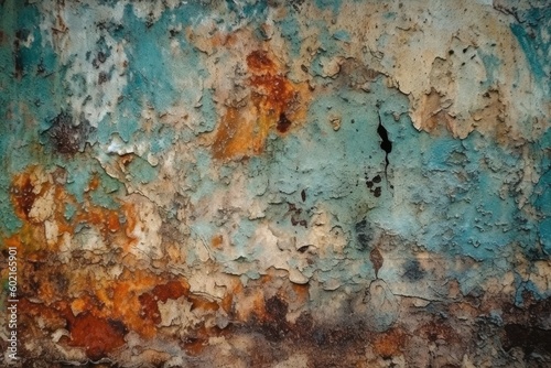 rusted metal surface with peeling blue and orange paint Generative AI