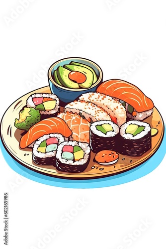Minimalist illustration delicious plate of sushi on a clean white background