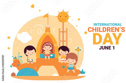 vector of children playing at the playground, summer vibes, outdoor park, isolated on white, with bild text to celebrate international children day on june 1