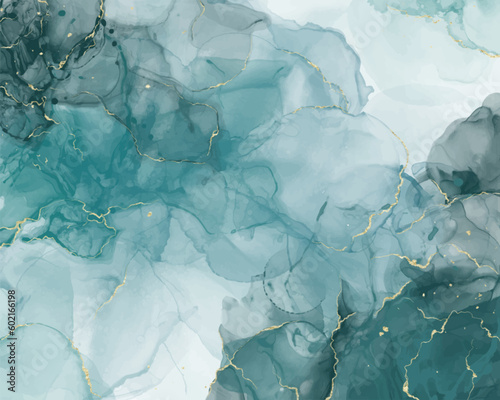 Turquoise mint with liquid marble, with golden lines and brush marks. Teal turquoise marble alcohol paint painting effect. Vector illustration background, watercolor wedding invitation.