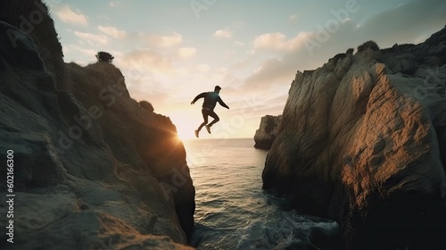 Photo of a person cliff jumping into the deep blue ocean waters, travel, summer, holiday concept