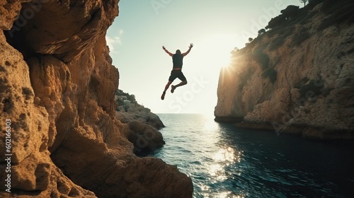 Photo of a person cliff jumping into the deep blue ocean waters, travel, summer, holiday concept photo