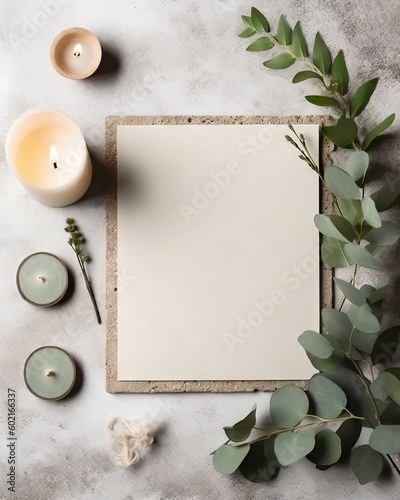Photo of a blank paper surrounded by candles and lush greenery with copy space  mockup minimal