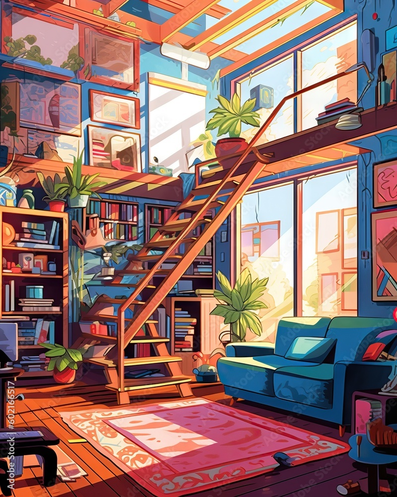Illustration of a cozy living room with elegant furniture and decor, colorful scene, lo-fi concept
