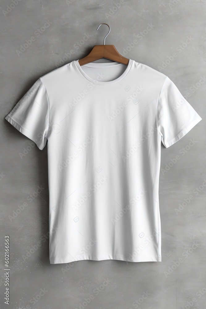 Mockup with copy space white t-shirt hanging on a clean wall Mockup with copy space white t-shirt hanging on a clean wall