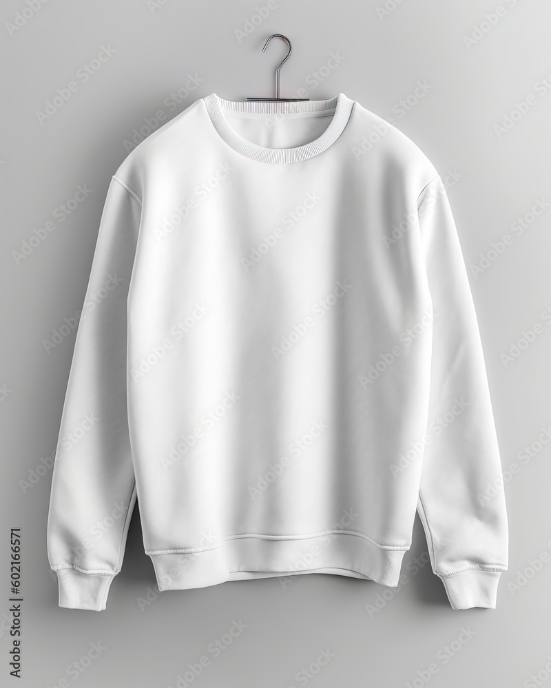 Blank mockup white sweatshirt hanging on a hanger against a plain background with copy space Blank mockup white sweatshirt hanging on a hanger against a plain background with copy space