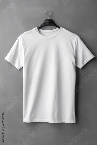 Mockup with copy space white t-shirt hanging on a clean wall