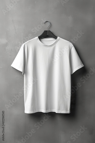 Mockup with copy space white t-shirt hanging on a clean wall