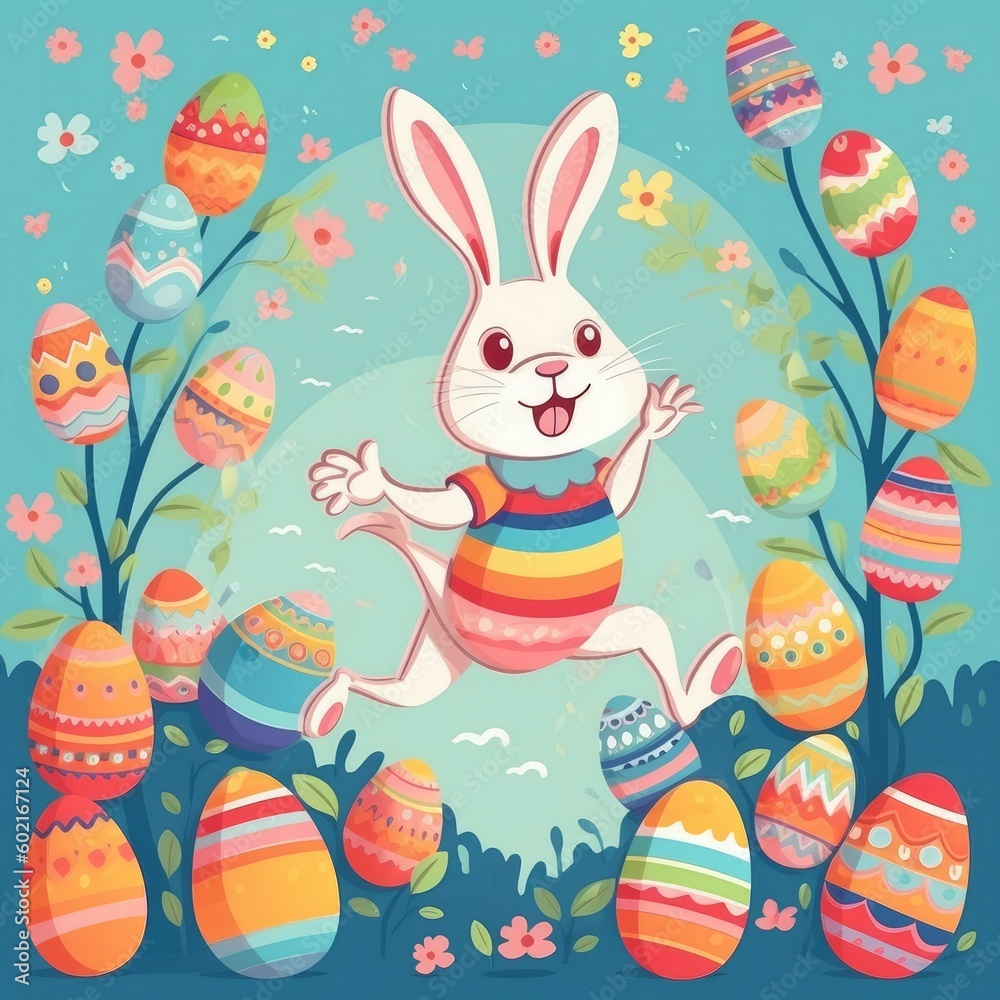 The happy Easter bunny jumps with joy among many eggs. (Generative AI) The happy Easter bunny jumps with joy among many eggs. (Generative AI)