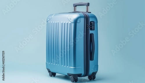 This blue suitcase is ideal for your next adventure with handle and wheels. (Generative AI)