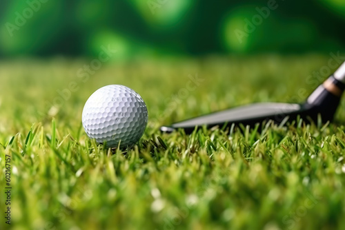 A golf ball and a golf club on the grass