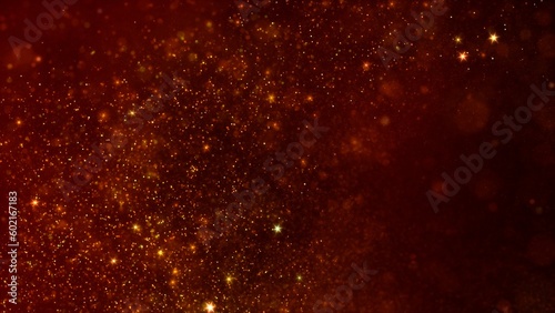 Golden red rich abstract magic stars particles lights swirl loop background. Detailed horizontal luxury and glamor 3D illustration backdrop. Glowing swarm of amber sparks for luxury product shot. photo