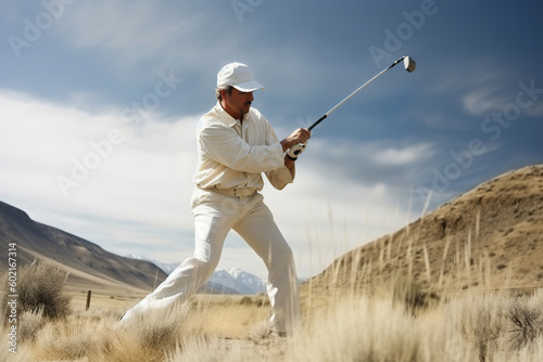 A man swinging a golf club in the desert