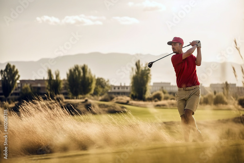 A man in a red shirt is playing golf photo