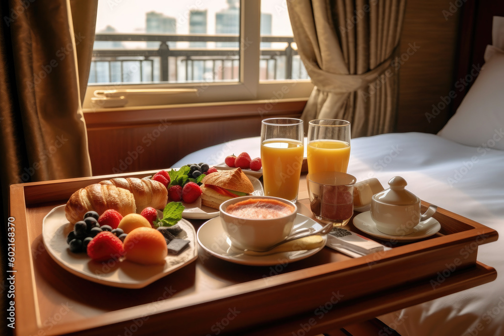 Tray with tasty breakfast on bed in light room. Generated by AI