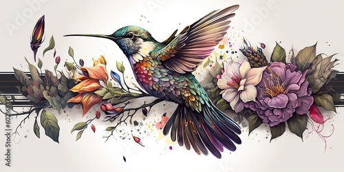 Colorful humming bird on stick tree with flower in watercolor design artistic. Concept of painting technique isolated on white background in canvas. Glorious generative AI.
