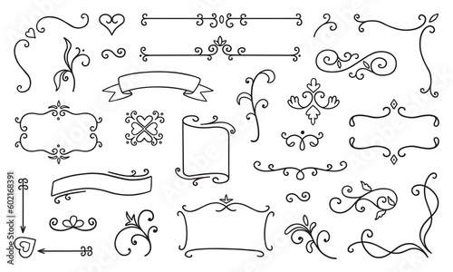 Vintage decorative elements doodle set. frames, borders, swirls, dividers, ribbons, wedding page decor In sketch style. Hand drawn vector illustration isolated on white background
