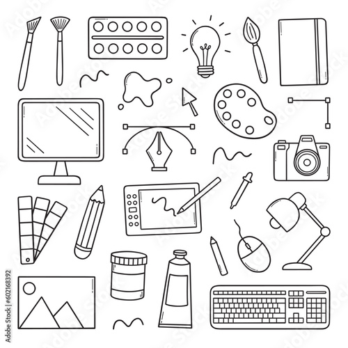 Graphic design doodle set. Designer work items and tools In sketch style. Hand drawn vector illustration isolated on white background