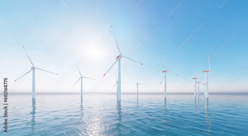 Ocean Wind Farm. Windmill farm in the ocean. Offshore wind turbines in the sea. 