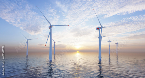 ULTRA HD. Offshore wind energy. Offshore wind turbines farm on the ocean. Sustainable energy production, clean power. 3D Rendering.
