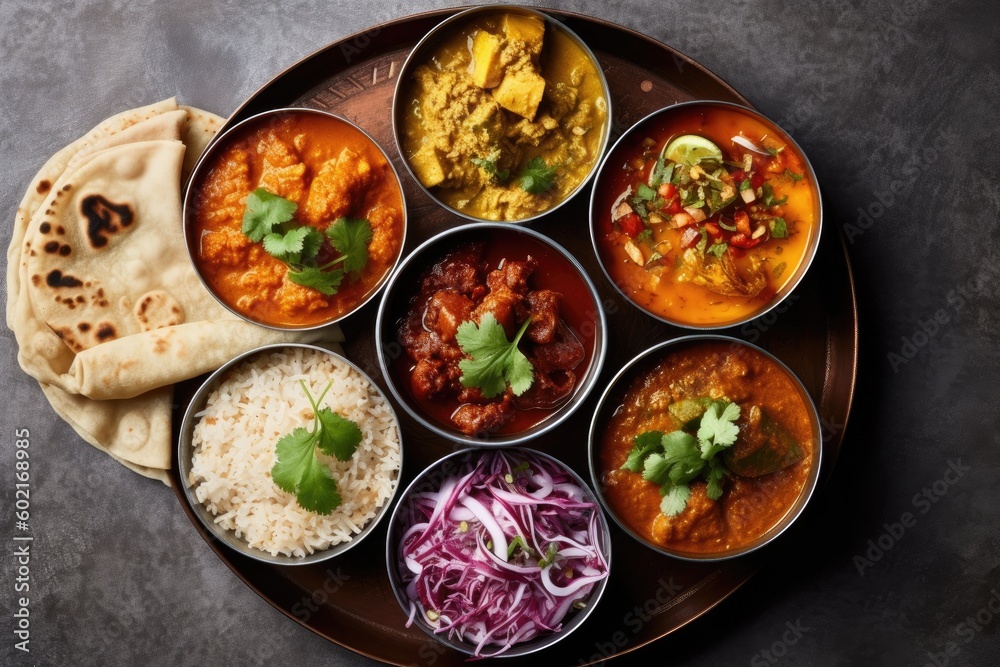 Indian ethnic food buffet on white concrete table from above: curry, samosa, rice biryani, dal, paneer, chapatti, naan, dishes of India for dinner background. Generated by AI