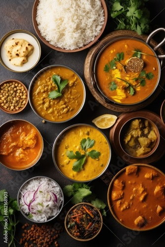 Indian ethnic food buffet on white concrete table from above: curry, samosa, rice biryani, dal, paneer, chapatti, naan, dishes of India for dinner background. Generated by AI