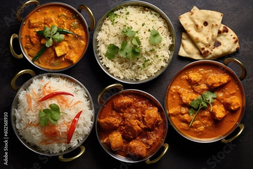 Indian ethnic food buffet on white concrete table from above: curry, samosa, rice biryani, dal, paneer, chapatti, naan, dishes of India for dinner background. Generated by AI