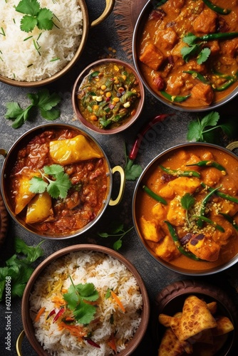 Indian ethnic food buffet on white concrete table from above: curry, samosa, rice biryani, dal, paneer, chapatti, naan, dishes of India for dinner background. Generated by AI