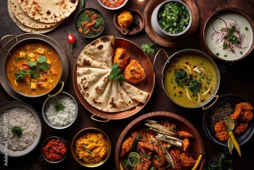 Indian ethnic food buffet on white concrete table from above  curry  samosa  rice biryani  dal  paneer  chapatti  naan  dishes of India for dinner background. Generated by AI