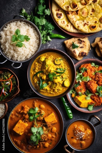 Indian ethnic food buffet on white concrete table from above: curry, samosa, rice biryani, dal, paneer, chapatti, naan, dishes of India for dinner background. Generated by AI