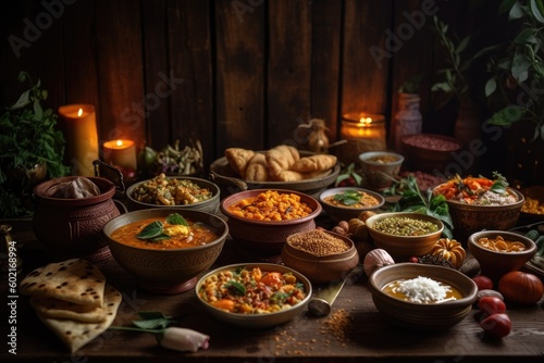 Indian ethnic food buffet on white concrete table from above: curry, samosa, rice biryani, dal, paneer, chapatti, naan, dishes of India for dinner background. Generated by AI © STORYTELLER