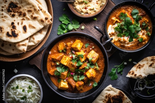 Indian ethnic food buffet on white concrete table from above  curry  samosa  rice biryani  dal  paneer  chapatti  naan  dishes of India for dinner background. Generated by AI