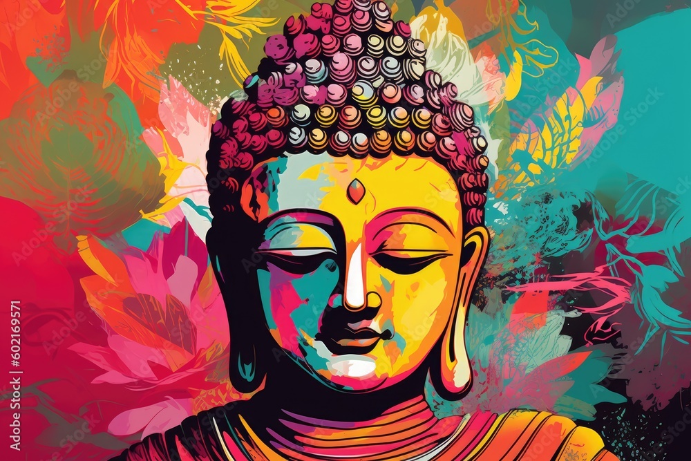 Buddha in a vibrant and captivating Pop Art concept illustration, merging traditional spirituality with a contemporary and bold artistic style. Generative AI