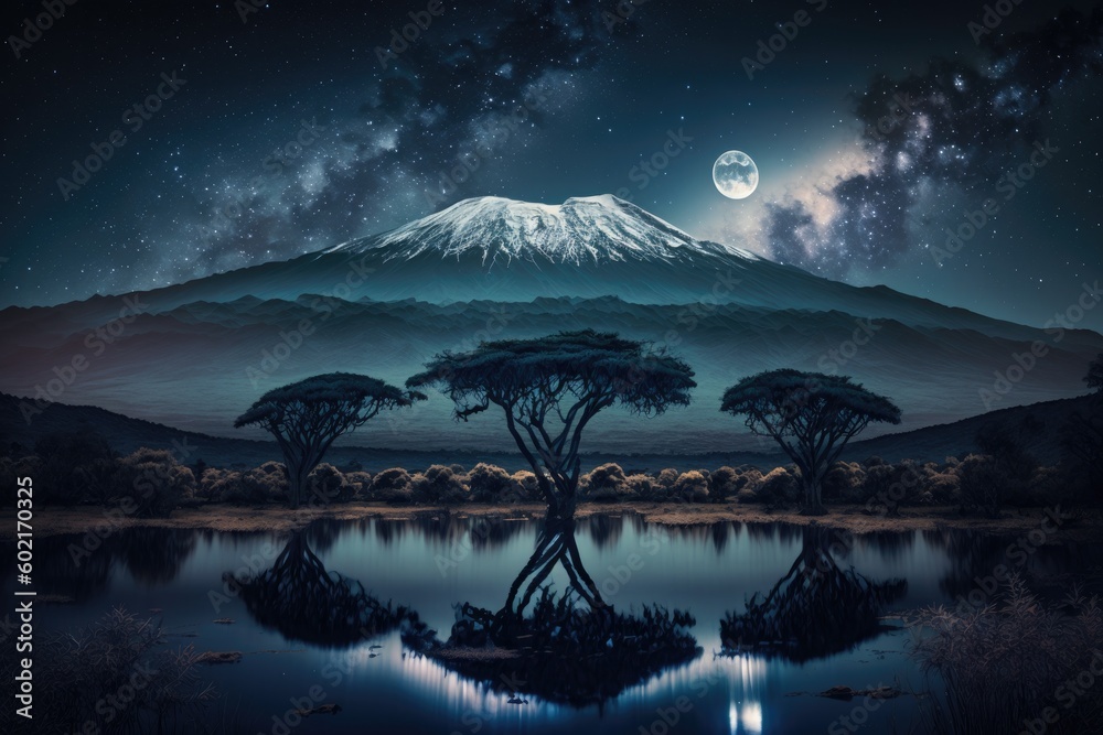 Ascending to the Stars: Kilimanjaro under the Night Sky. generated by AI