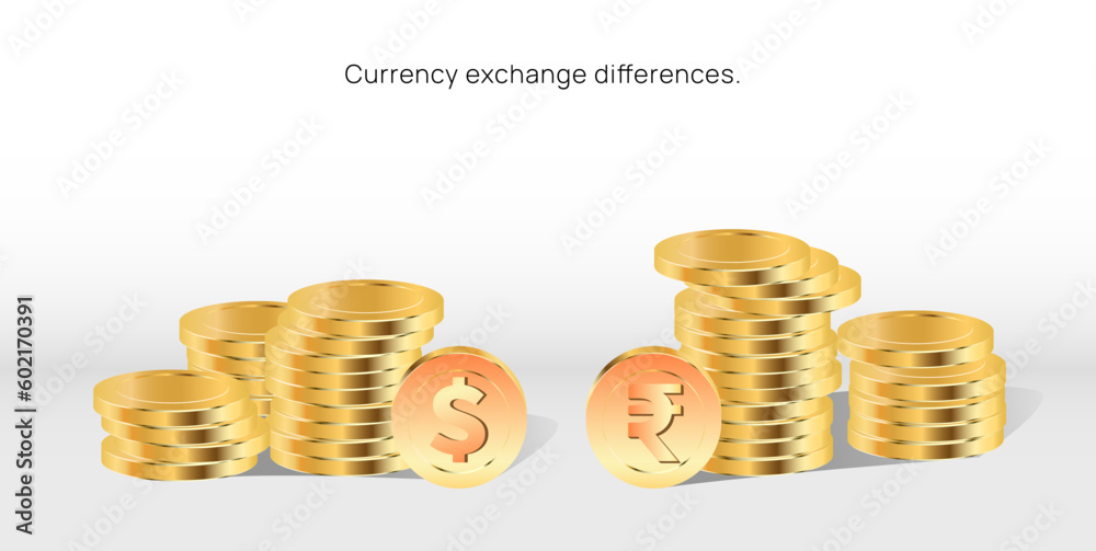 us dollar vs Indian INR exchange rate comparision illustration with gold coins. world currencies exchange rate difference vector. gold coin stack. money converter and transfer. treasury banking