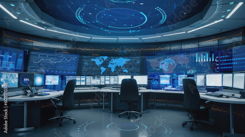 modern high-tech futuristic control room or center as wide banner - Generative AI photo