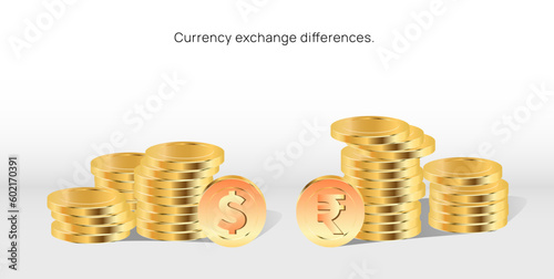 us dollar vs Indian INR exchange rate comparision illustration with gold coins. world currencies exchange rate difference vector. gold coin stack. money converter and transfer. treasury banking