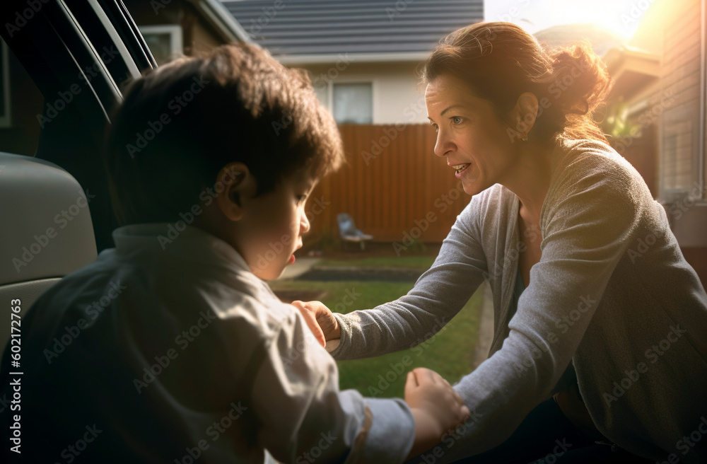 Latina woman receives her young son who has just arrived from a long trip. Ai generated. Latina woman receives her young son who has just arrived from a long trip. Ai generated.