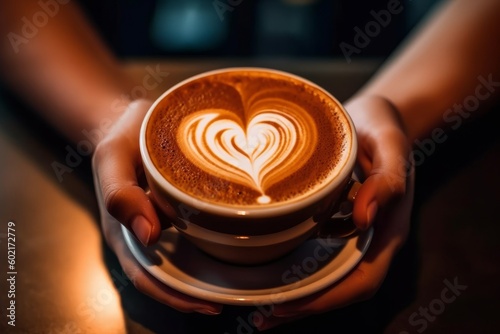 A shot of a latte art heart on top of an espresso, with the barista's hands in the frame.Generative AI
