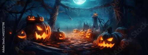 Halloween scene, with a house in the background and a group of lit jack-o'-lanterns in the foreground. Creepy decorations and haunting ambiance. Halloween banner concept. Generative AI