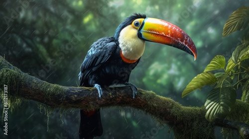A tucan perched on a tree branch its feathers shining. Generative ai © LabirintStudio