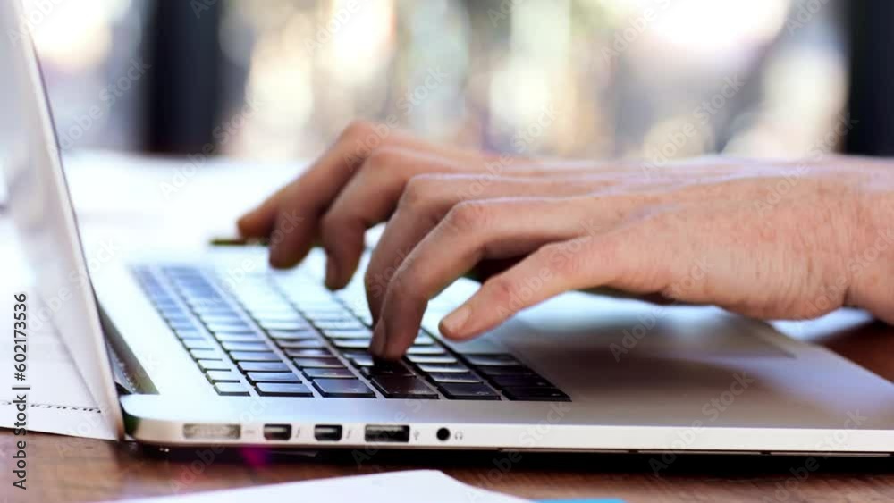 Zoom of business woman hands, laptop or manager for research, planning or search for innovation creative marketing KPI strategy. Manager or employee with tech for networking or typing SEO schedule