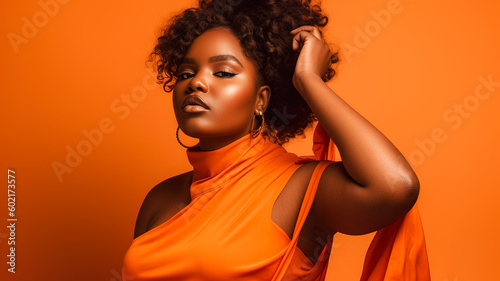 Plus-size black model poses standing against the wall in a photo studio. Women's power and strength. AI-generated fictional character